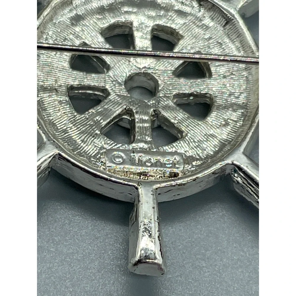 Monet Vintage Ships‎ Wheel Brooch Silver Tone Blue Teal Rhinestone Nautical Pin
